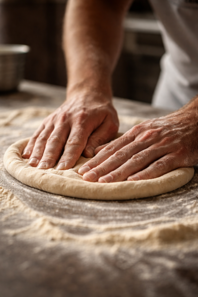 Préparation d’une pâte à pizza artisanale à la main en cuisine à Chaudes-Aigues chez Gourmet et Glouton