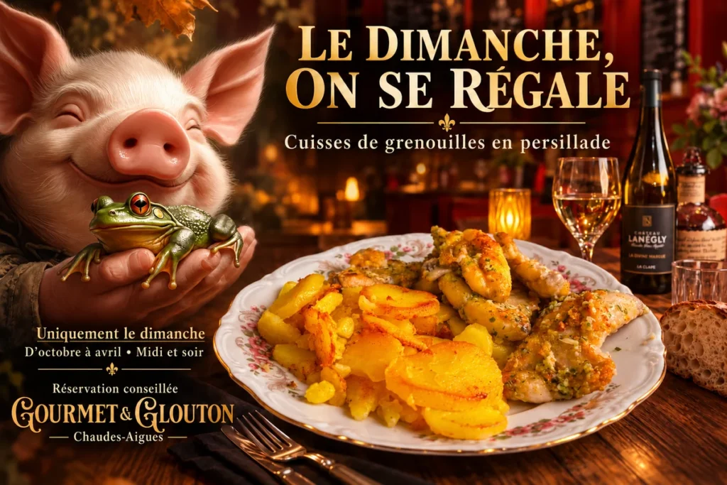 Gourmet & Glouton à Chaudes-Aigues : cuisses de grenouilles uniquement le dimanche midi et soir, d’octobre à avril. Réservation conseillée.