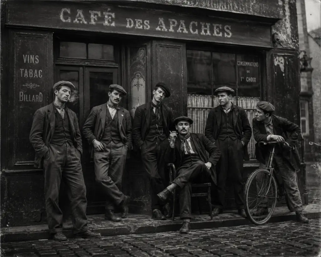 Jeunes hommes réunis devant un café populaire parisien au début du XXe siècle, représentant l’univers des Apaches, des faubourgs et de la culture populaire française.