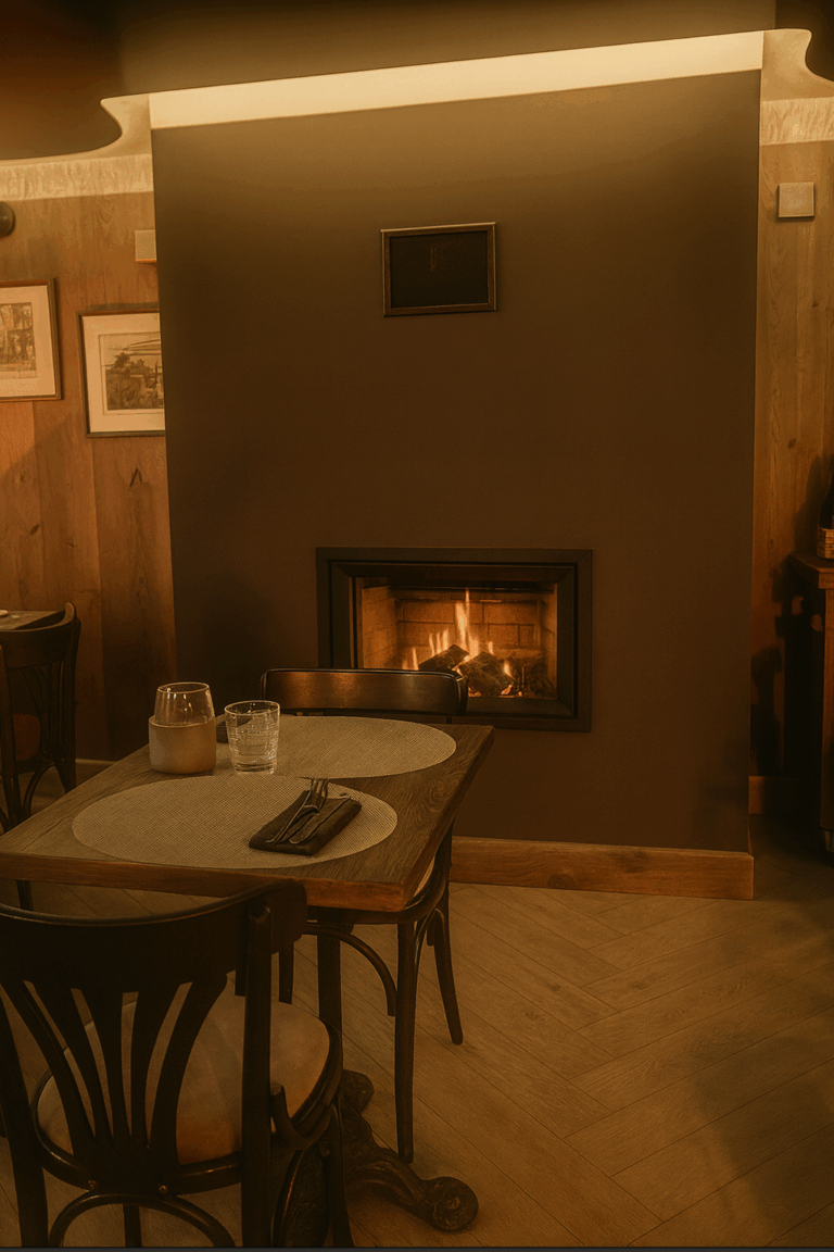 Feu de cheminée dans la salle du restaurant Gourmet & Glouton à ChaudesAigues