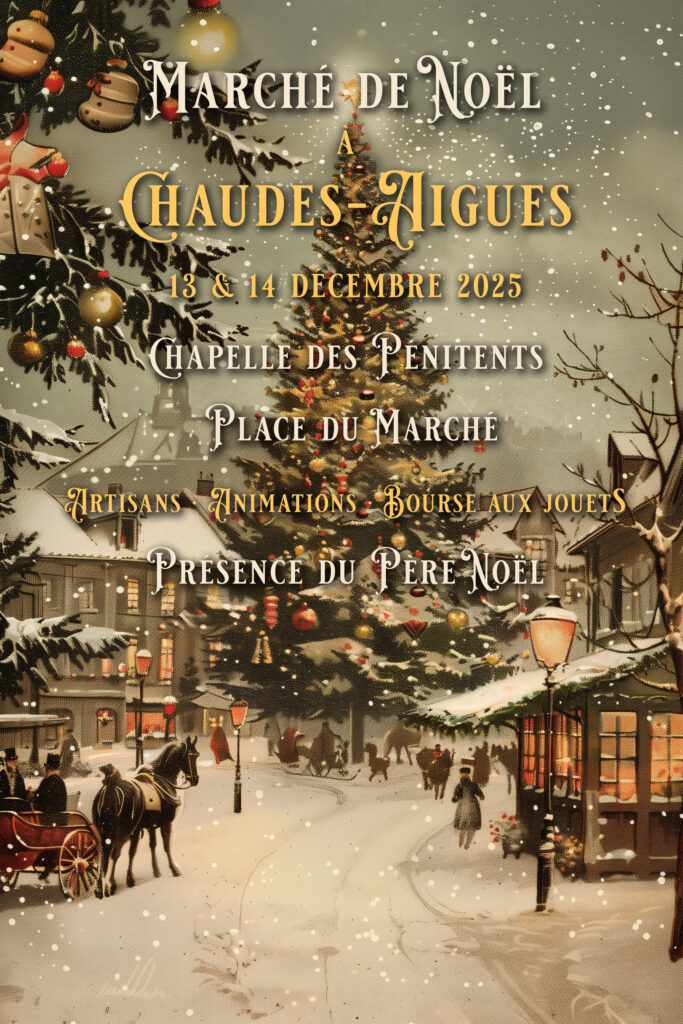 Illustration vintage d’un village enneigé avec un grand sapin de Noël décoré, lanternes anciennes, neige tombante et ambiance festive de fin d’année.