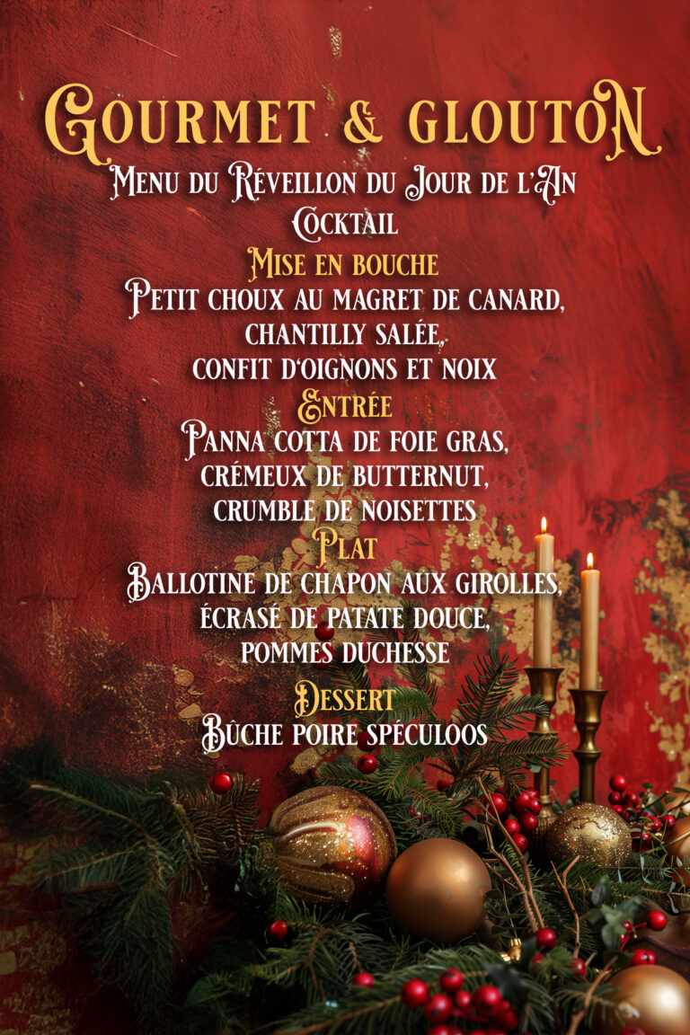 Affiche festive du menu du Réveillon, décorée de bougies dorées, de sapin, de baies rouges et de boules de Noël sur un fond rouge texturé.