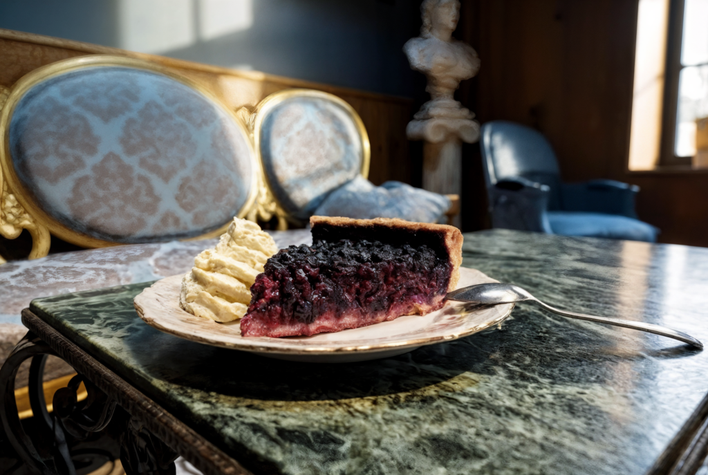 Part de tarte aux myrtilles maison servie avec une chantilly généreuse dans le Salon Bleu de Gourmet & Glouton, à Chaudes-Aigues.