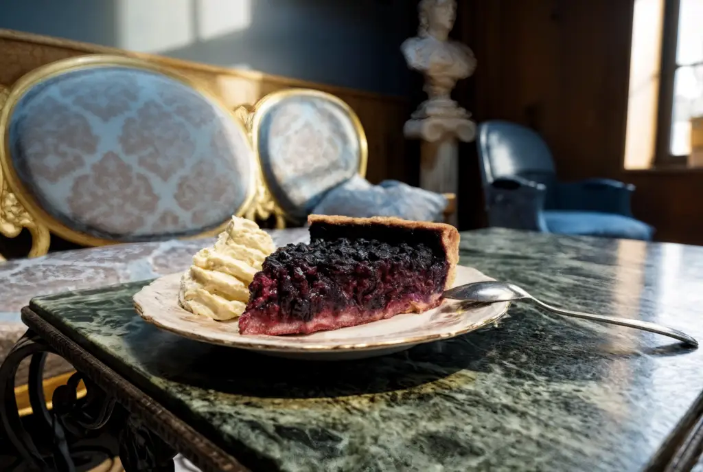 Part de tarte aux myrtilles maison servie avec une chantilly généreuse dans le Salon Bleu de Gourmet & Glouton, à Chaudes-Aigues.