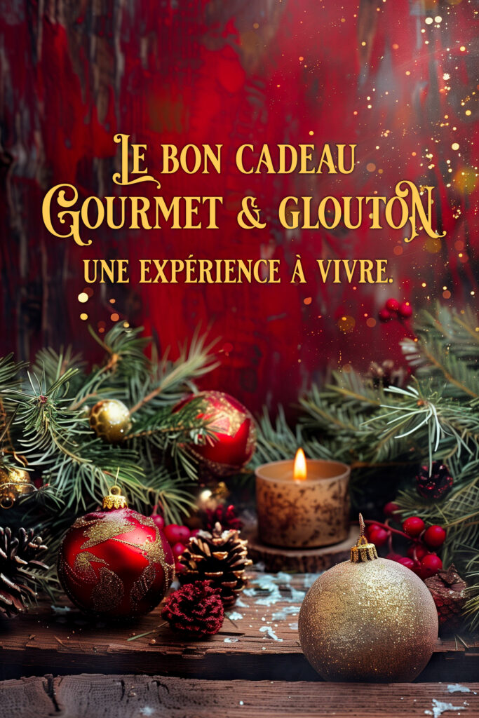 Visuel de Noël avec boules rouges et dorées, branches de sapin et une bougie, illustrant le bon cadeau Gourmet & Glouton présenté comme une expérience à vivre.