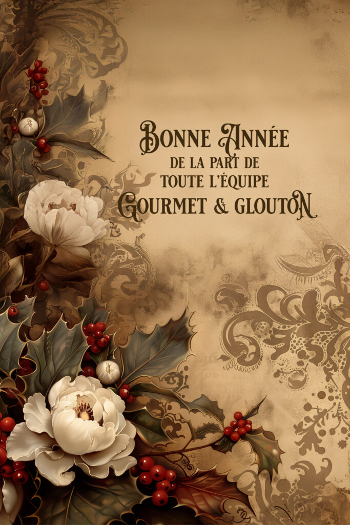 Visuel de bonne année du restaurant Gourmet & Glouton à Chaudes-Aigues avec une composition florale hivernale et du houx