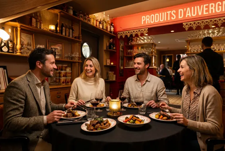 Quatre convives partagent un repas au restaurant Gourmet & Glouton à Chaudes-Aigues