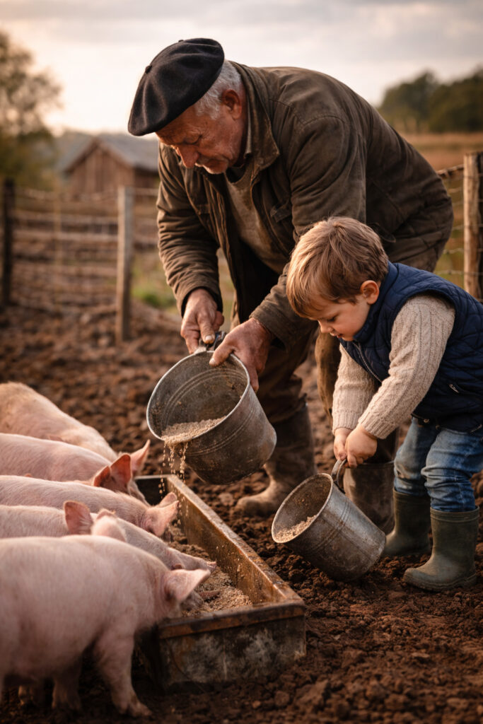 Grand-père et petit-enfant nourrissant des porcelets dans une ferme rurale du Cantal