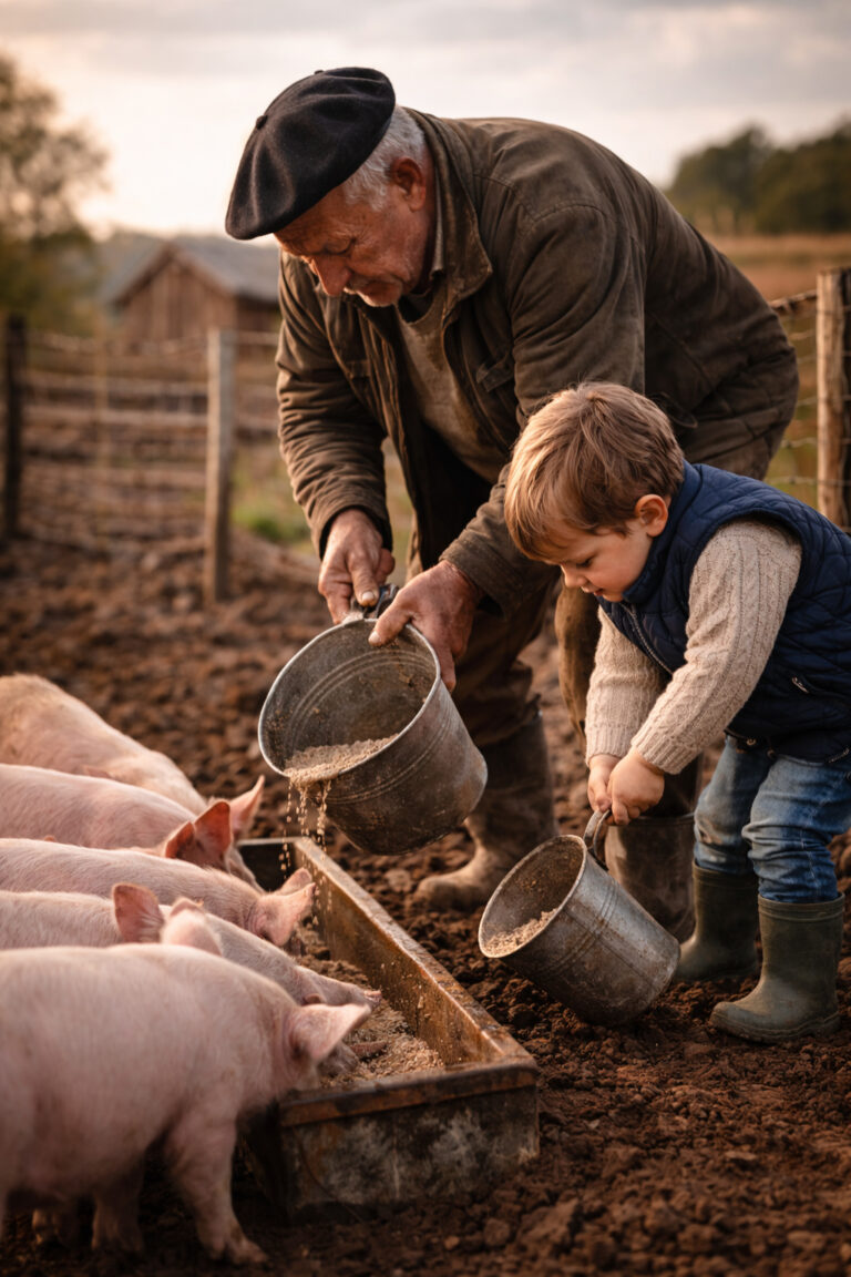 Grand-père et petit-enfant nourrissant des porcelets dans une ferme rurale du Cantal