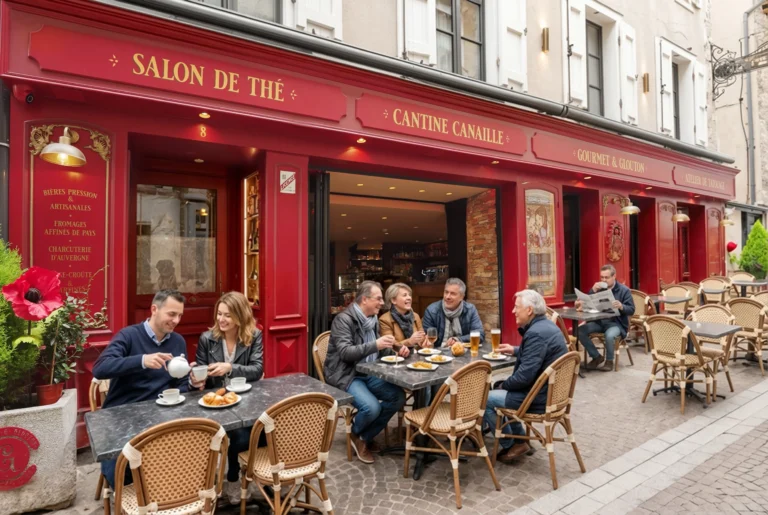 Clients en terrasse devant le salon de thé Gourmet & Glouton à Chaudes-Aigues