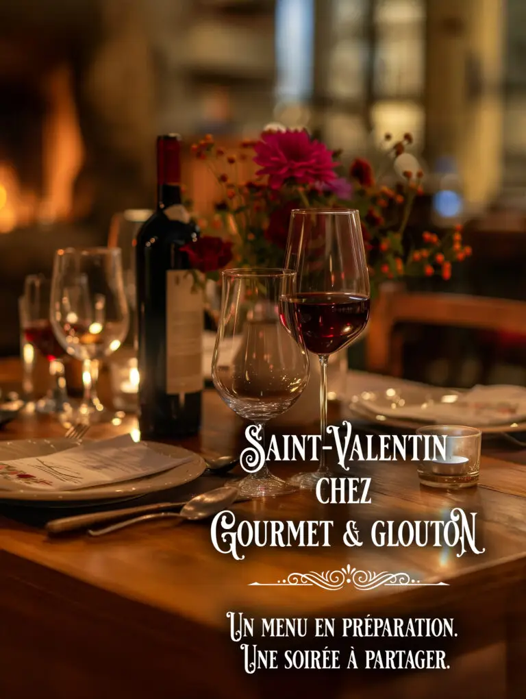 Table romantique dressée pour la Saint-Valentin au restaurant Gourmet & Glouton à Chaudes-Aigues, avec vin rouge, bougies et ambiance chaleureuse.