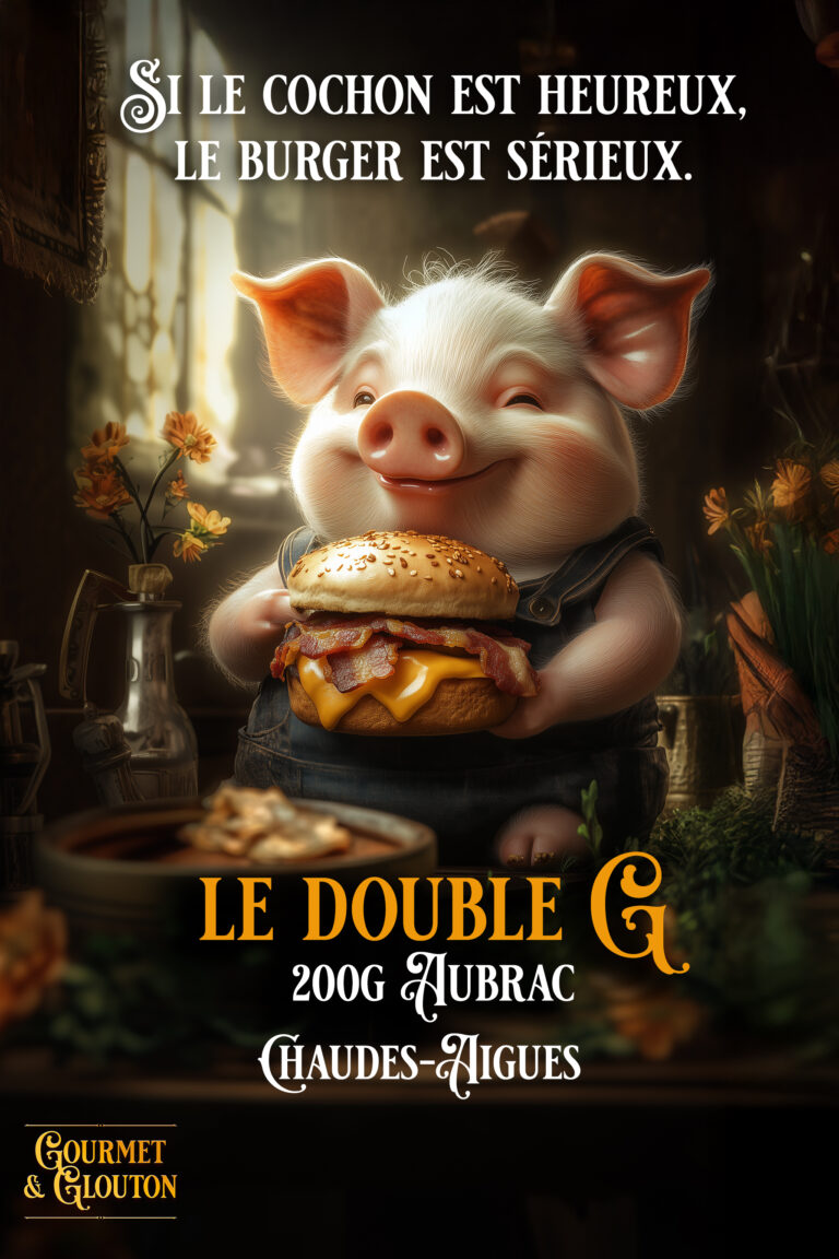 Affiche du Double G, burger 200g Aubrac à Chaudes-Aigues chez Gourmet & Glouton avec slogan “Si le cochon est heureux, le burger est sérieux”