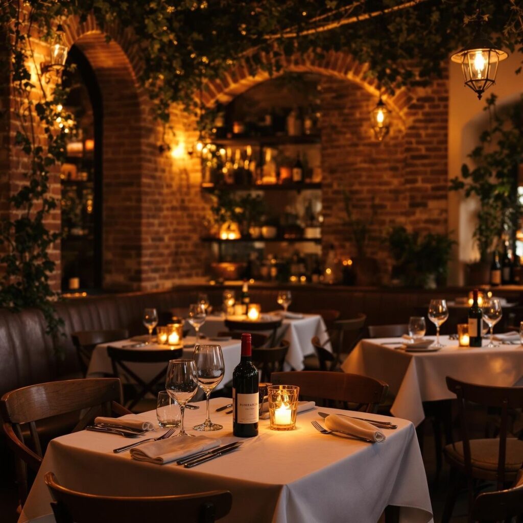 Salle de restaurant ambiance trattoria avec tables dressées et lumière tamisée à Chaudes-Aigues