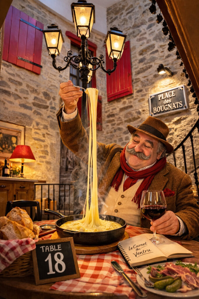 Le Ventru dégustant un aligot à la table 18 place des Bougnats chez Gourmet & Glouton à Chaudes-Aigues