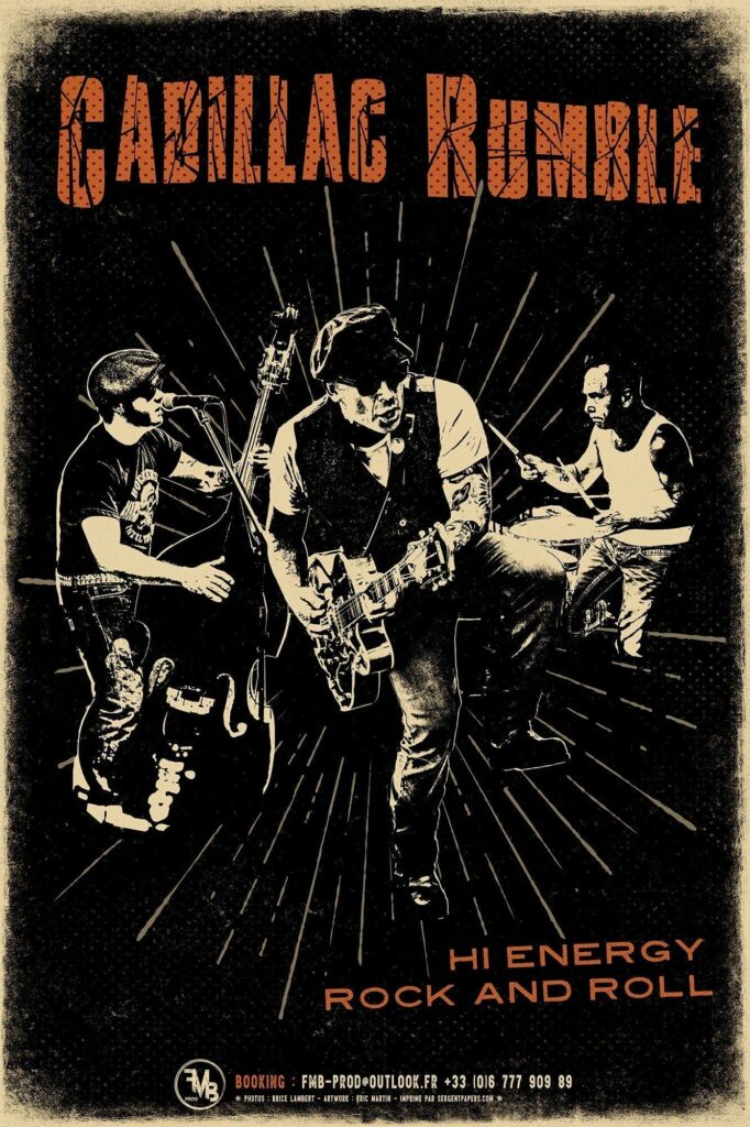 Affiche rock vintage de Cadillac Rumble pour les Terrasses Musicales 2026 chez Gourmet & Glouton à Chaudes-Aigues dans le Cantal