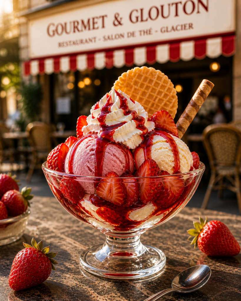 coupe glace fraise fruits rouges gourmet et glouton chaudes-aigues dessert terrasse aubrac