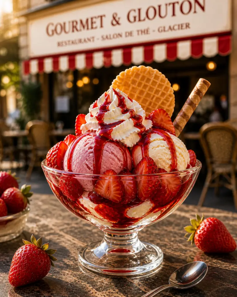coupe glace fraise fruits rouges gourmet et glouton chaudes-aigues dessert terrasse aubrac