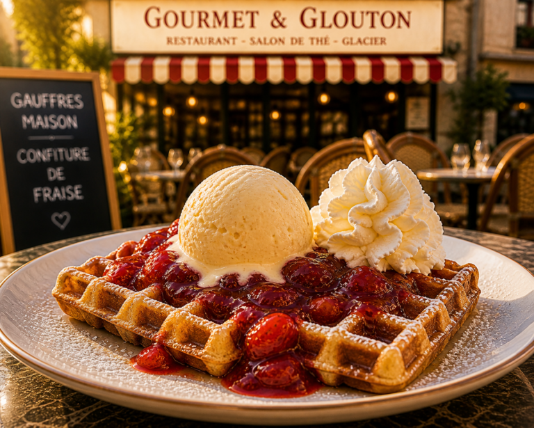 gaufre fraise glace vanille gourmet et glouton chaudes-aigues dessert terrasse aubrac
