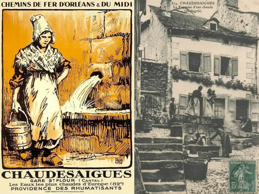 Montage réunissant une ancienne affiche touristique des Chemins de fer d'Orléans et du Midi et une carte postale historique de la fontaine d'eau chaude de Chaudes-Aigues dans le Cantal.