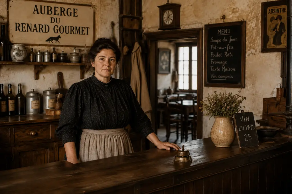 Aubergiste accueillant les voyageurs dans l'Auberge du Renard Gourmet inspirée des auberges françaises traditionnelles
