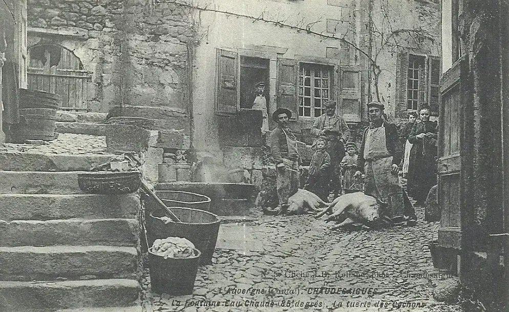Bouchers utilisant l'eau chaude de la Source du Par pour préparer des cochons dans le quartier du Par à Chaudes-Aigues au début du XXe siècle.
