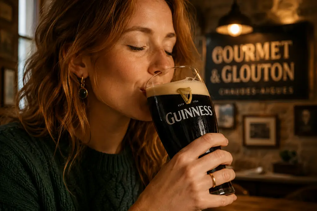 Jeune Irlandaise dégustant une Guinness dans l’ambiance chaleureuse de Gourmet & Glouton à Chaudes-Aigues, mettant en valeur la mousse crémeuse et le caractère de cette bière emblématique