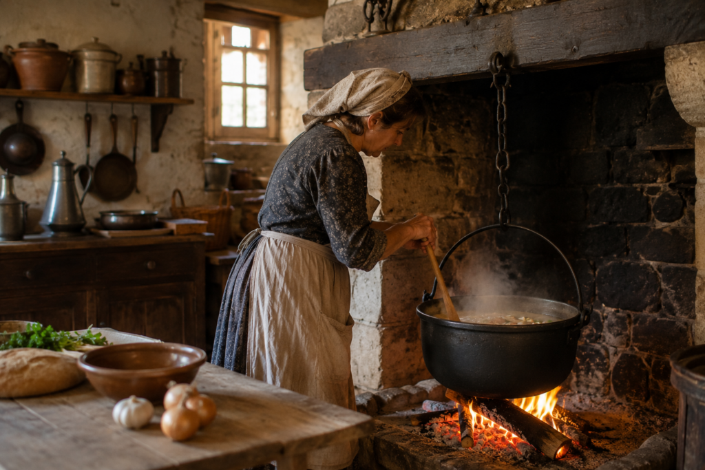 Femme préparant une soupe dans une cuisine traditionnelle auvergnate devant un feu de cheminée
