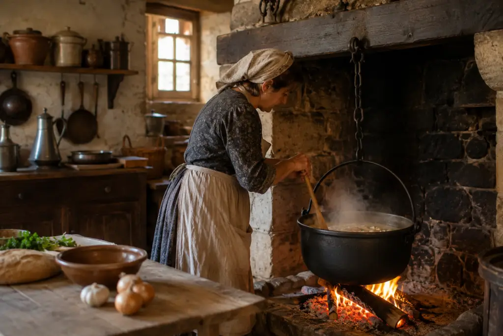 Préparation d'une soupe dans une cuisine traditionnelle inspirée du terroir auvergnat