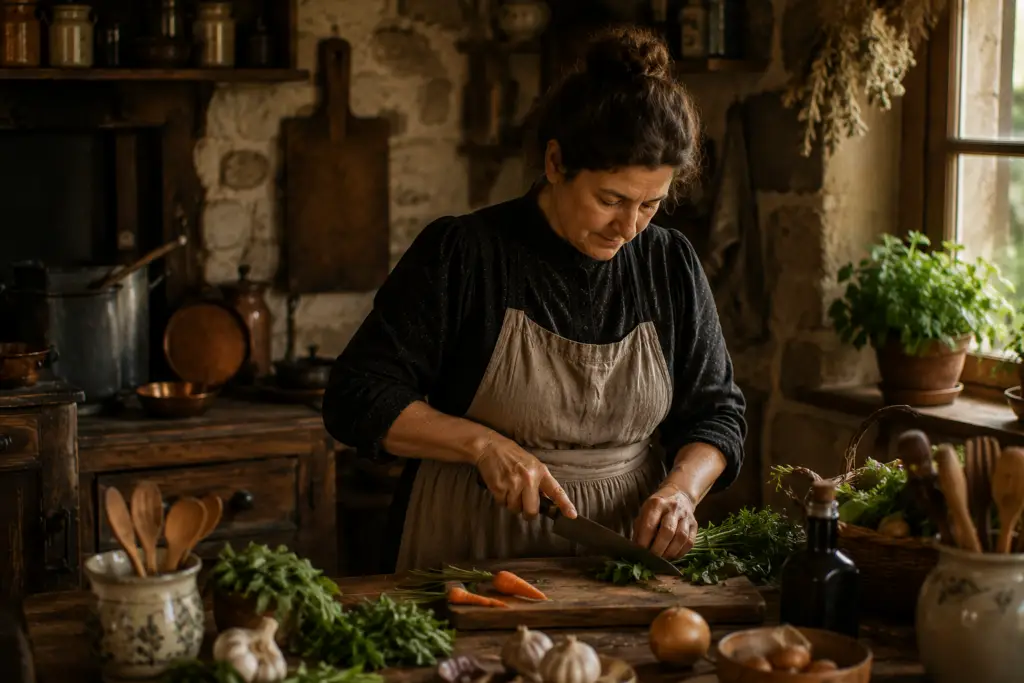 Femme préparant des légumes dans une cuisine traditionnelle française inspirée du terroir auvergnat