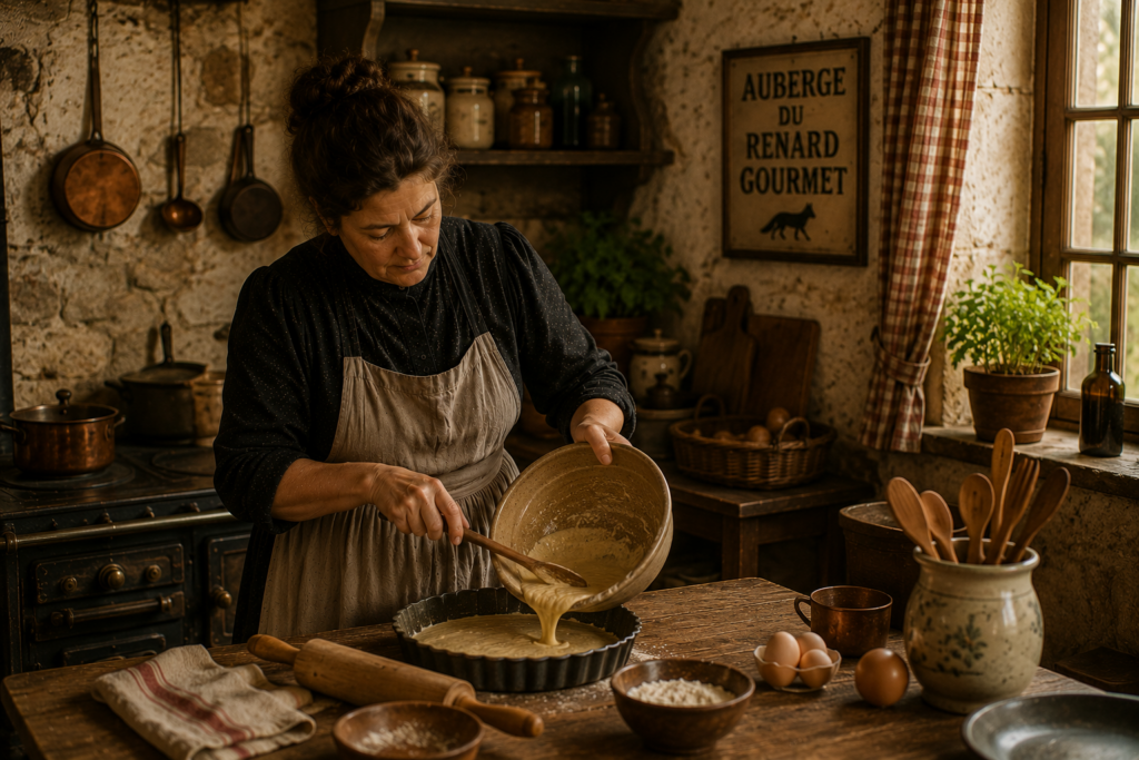 Femme préparant une tarte dans une cuisine traditionnelle inspirée des auberges françaises d'autrefois