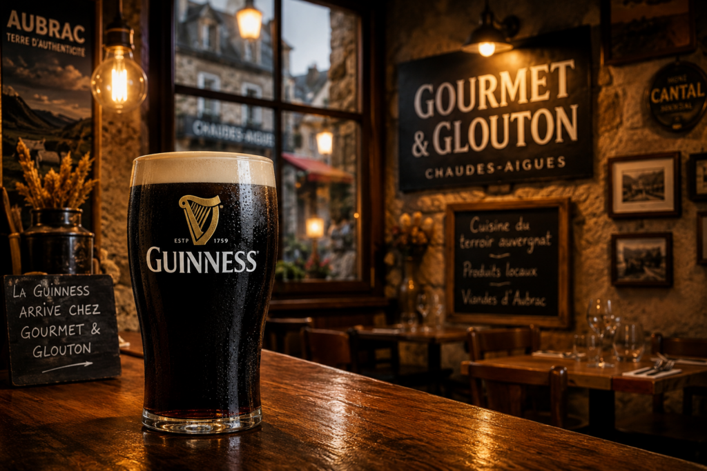 Pinte de Guinness servie chez Gourmet & Glouton à Chaudes-Aigues dans l’ambiance chaleureuse d’un restaurant du terroir auvergnat aux portes de l’Aubrac