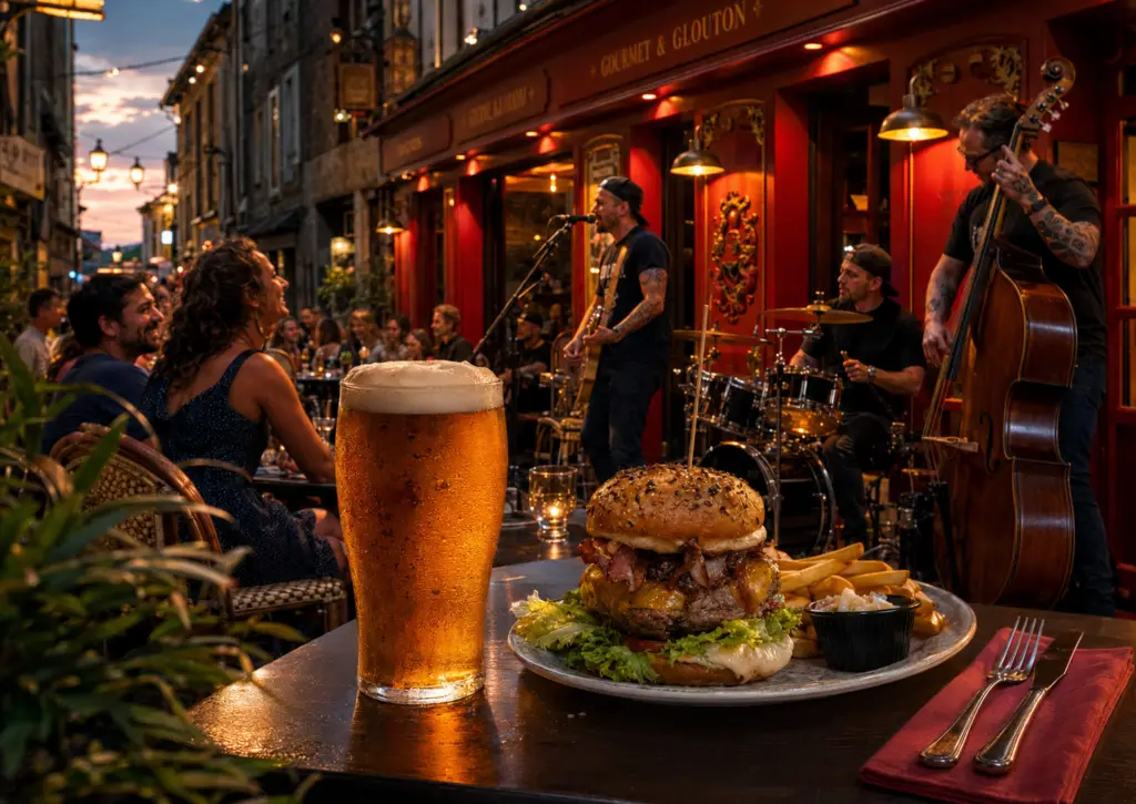 Burger d’Aubrac et bière pression Brooklyn Bodega Run sur la terrasse de Gourmet & Glouton pendant une soirée rock’n’roll des Terrasses Musicales à Chaudes-Aigues.