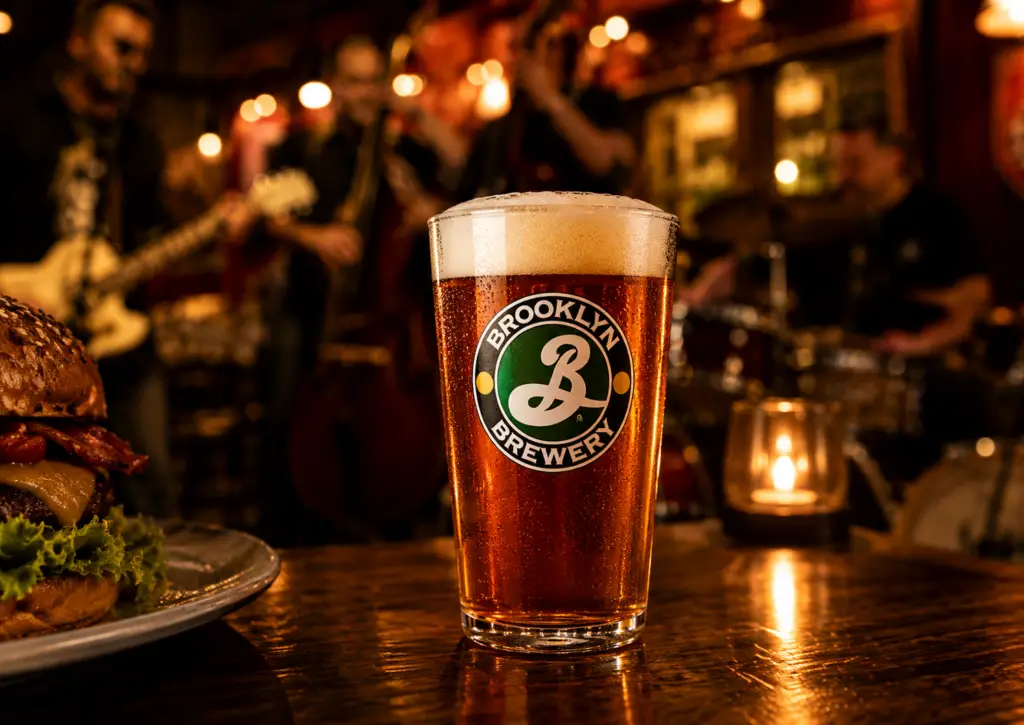 Verre de bière Brooklyn Brewery à la pression avec burger d’Aubrac et ambiance rock’n’roll chez Gourmet & Glouton.