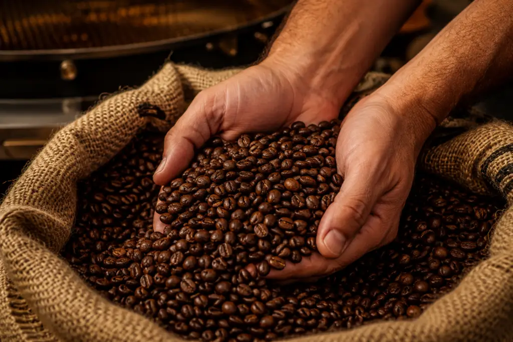 Mains plongeant dans des grains de café Arabica torréfiés