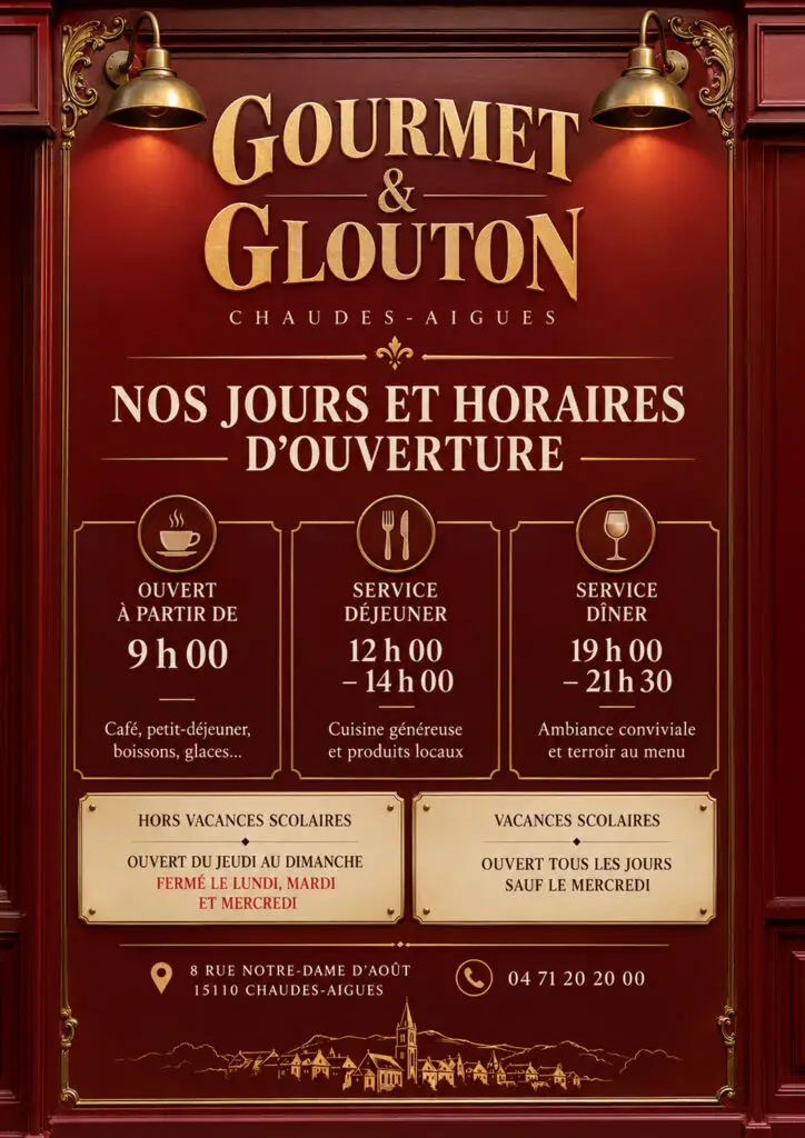Jours et horaires d’ouverture du restaurant Gourmet & Glouton à Chaudes-Aigues