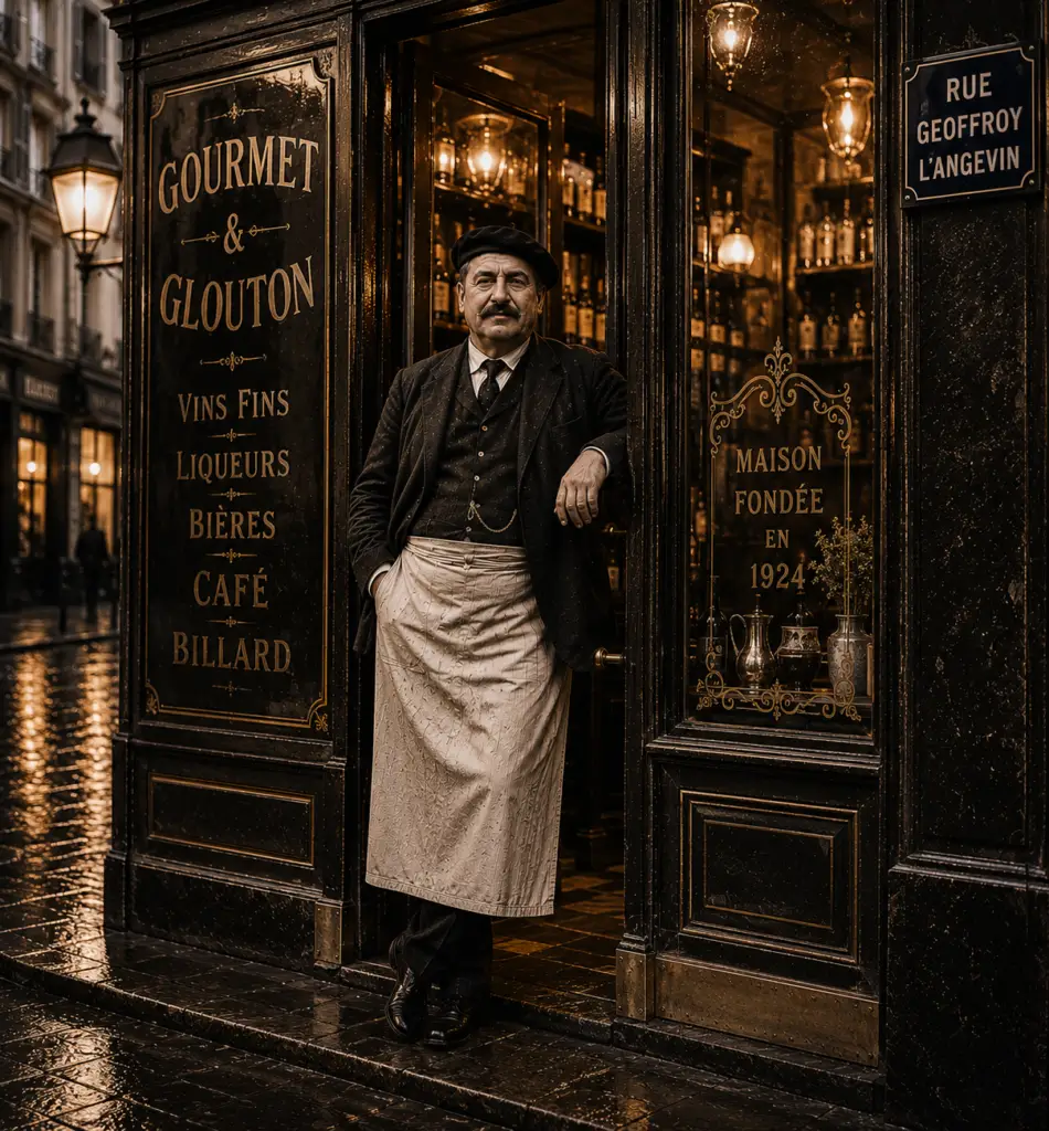 Un bougnat devant son commerce de la rue Geoffroy-l’Angevin, dans le 4e arrondissement de Paris, témoin du lien ancien entre l’Auvergne et la capitale. Une image de travail, de réussite et de transmission qui accompagne l’appel adressé aux descendants des bougnats.