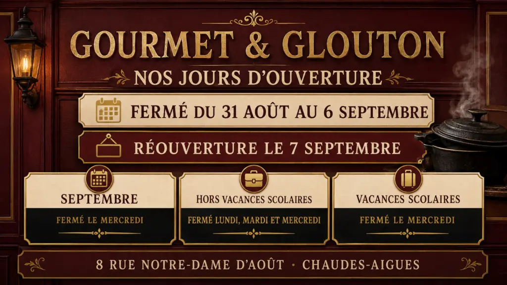 Jours d’ouverture de Gourmet & Glouton à Chaudes-Aigues en septembre et pendant les vacances scolaires