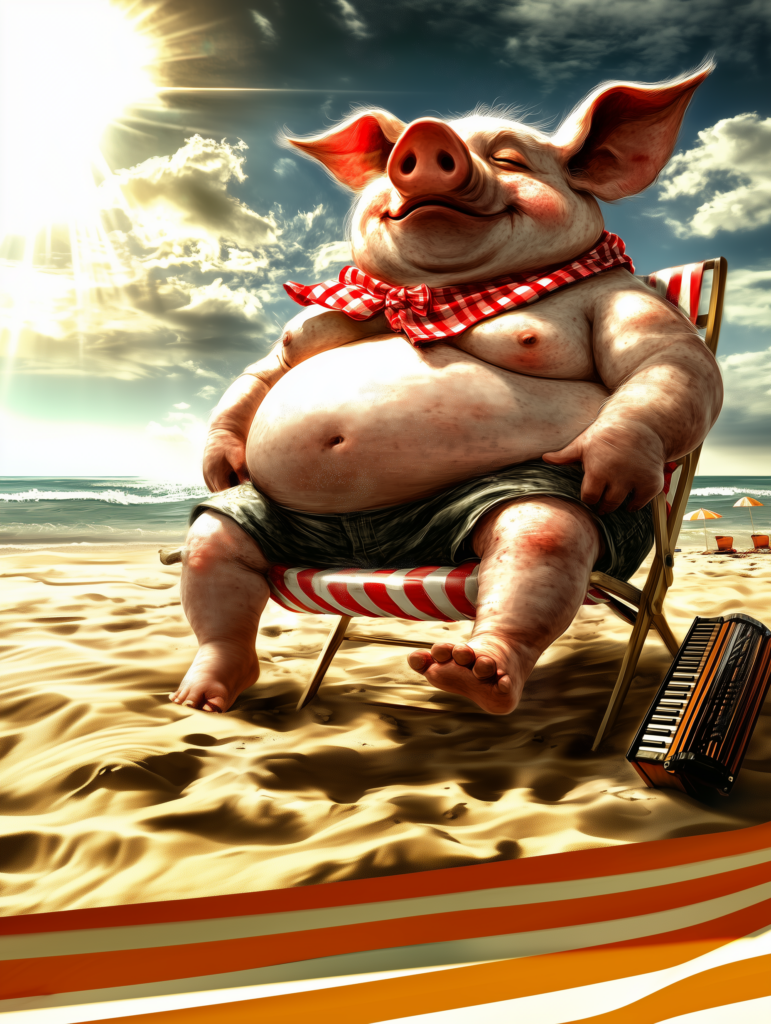 Cochon en vacances illustrant les jours de repos de Gourmet & Glouton à Chaudes-Aigues