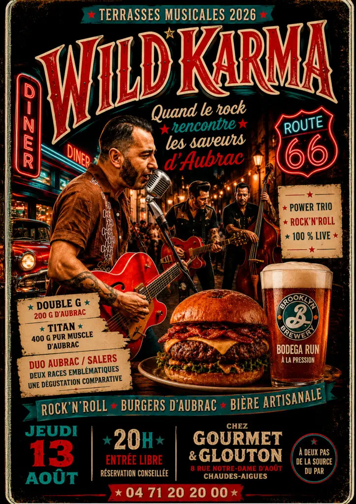 Affiche du concert Wild Karma à Chaudes-Aigues chez Gourmet & Glouton pour les Terrasses Musicales 2026, avec burgers d'Aubrac et Brooklyn Bodega Run à la pression.