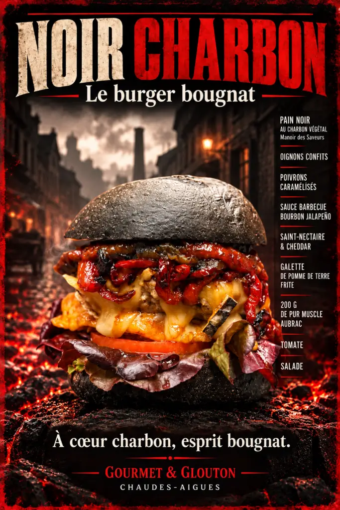 Affiche du burger Noir Charbon au pain noir, avec ses ingrédients détaillés à droite, sur un décor de braises.